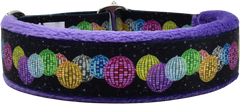 Disco Balls purple and multicolor iridescent glitter stripe fleece-lined martingale-style limited slip dog collar.