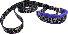Good Vibes Only black with iridescent mushrooms and groovy text fleece-lined martingale walking lead — no-slip dog leash.