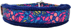 Night Blooms blue and teal bold pink tropical blooms fleece-lined martingale-style limited slip dog collar by Fuzzywumpets.