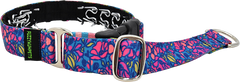 Night Blooms blue and teal bold pink tropical blooms hidden prong / private trainer dog collar by Fuzzywumpets 1 inch wide.