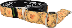 The S Word gold and orange squirrel vine print hidden prong / private trainer dog collar by Fuzzywumpets.