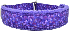 Modern Houndstooth purple and dark purple houndstooth fleece-lined martingale-style limited slip dog collar by Fuzzywumpets 1 inch wide.