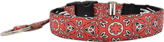 Scarlet Eclipse red and white floral medallion hidden prong / private trainer dog collar by Fuzzywumpets.