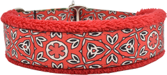 Scarlet Eclipse red and white floral medallion fleece-lined martingale-style limited slip dog collar by Fuzzywumpets.