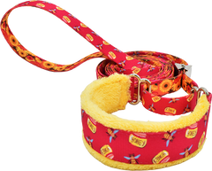 Honey Bees red ribbon with bees and honey jars fleece-lined martingale walking lead — no-slip dog leash by Fuzzywumpets.