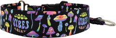 Good Vibes Only black with iridescent mushrooms and groovy text hidden prong / private trainer dog collar by Fuzzywumpets.