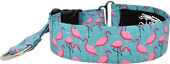 A Leg to Stand On teal and pink flamingo print hidden prong / private trainer dog collar by Fuzzywumpets.