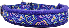 Vertigo purple and multicolor psychedelic wave fleece-lined martingale-style limited slip dog collar by Fuzzywumpets.