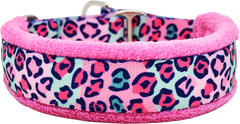 Quite Frank pink and aqua cheetah print fleece-lined martingale-style limited slip dog collar by Fuzzywumpets.
