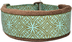 Teal & Chocolate Lattice teal and brown lattice fleece-lined martingale-style limited slip dog collar by Fuzzywumpets.