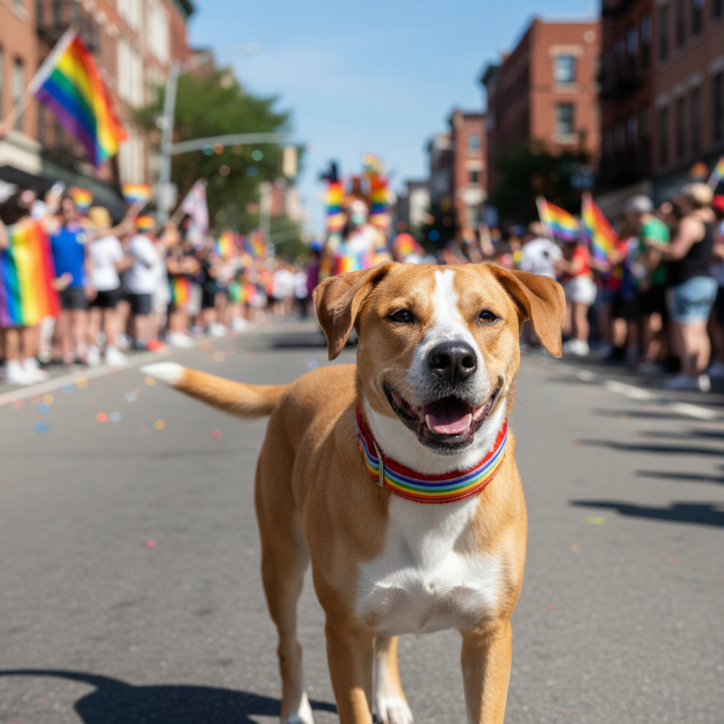 Dog wearing the rainbow Stonewall collar at a Pride parade