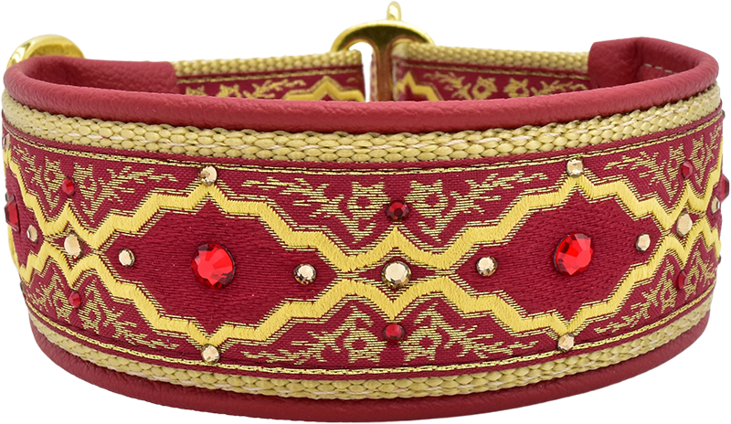 Cardinal Baroque crimson and gold zigzag geometric European-crystal limited slip dog collar by Fuzzywumpets.