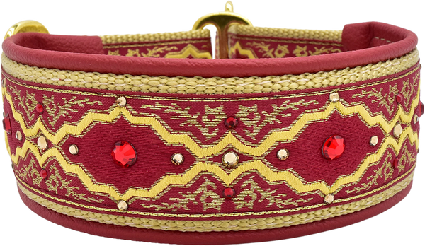 Cardinal Baroque crimson and gold zigzag geometric European-crystal limited slip dog collar by Fuzzywumpets.