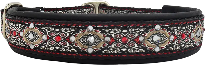 Midnight Bulgaria black red and tan floral medallion European-crystal limited slip dog collar by Fuzzywumpets.