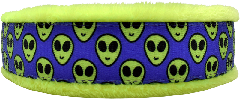 Visitor purple and neon green alien head print fleece-lined martingale-style limited slip dog collar by Fuzzywumpets.