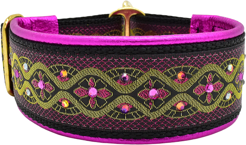 City of Lights black, gold and magenta wave lattice European-crystal limited slip dog collar by Fuzzywumpets.