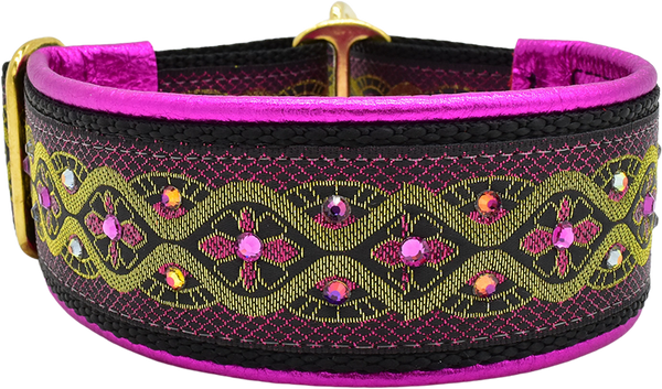 City of Lights black, gold and magenta wave lattice European-crystal limited slip dog collar by Fuzzywumpets.