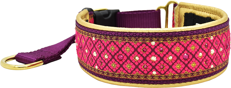 Pomegranate Valhalla magenta and gold diamond dot pattern European-crystal hidden prong collar by Fuzzywumpets.