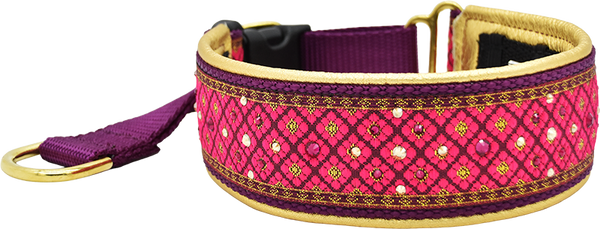 Pomegranate Valhalla magenta and gold diamond dot pattern European-crystal hidden prong collar by Fuzzywumpets.
