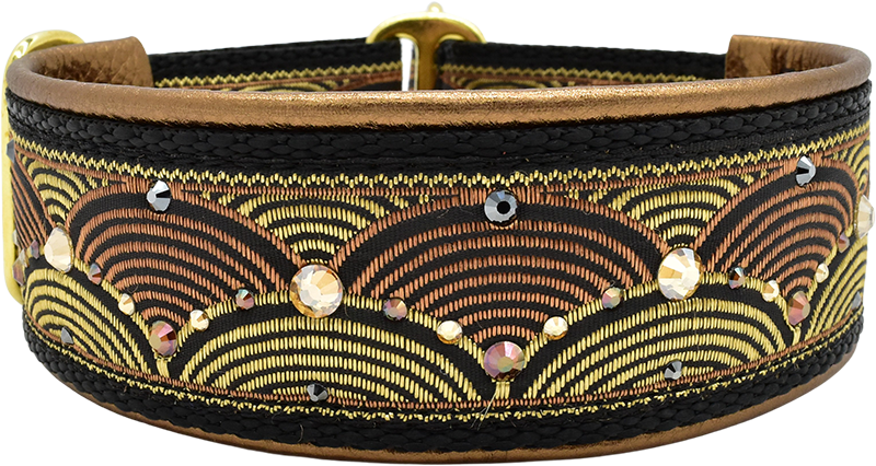 Zen Garden black, copper, and gold arc wave motif European-crystal limited slip dog collar by Fuzzywumpets.