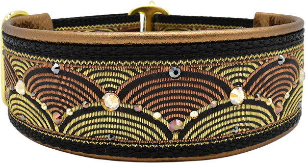 Zen Garden black, copper, and gold arc wave motif European-crystal limited slip dog collar by Fuzzywumpets.