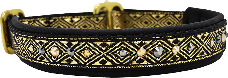 Ebony Descent black and gold diamond-pattern European-crystal limited slip dog collar by Fuzzywumpets.