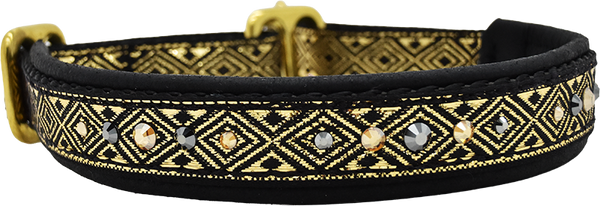 Ebony Descent black and gold diamond-pattern European-crystal limited slip dog collar by Fuzzywumpets.