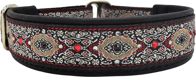 Midnight Bulgaria black red and tan floral medallion European-crystal limited slip dog collar by Fuzzywumpets.