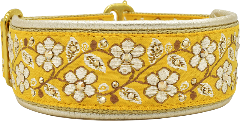 1.5" Goldenrod Luxe Limited Slip Collar for dogs, bright red leather lining, handmade in the USA by Fuzzywumpets.
