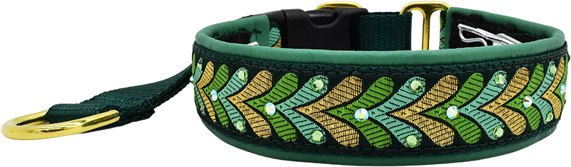 Seafoam Honoré seafoam, green, and gold leaf motif European-crystal hidden prong collar by Fuzzywumpets.