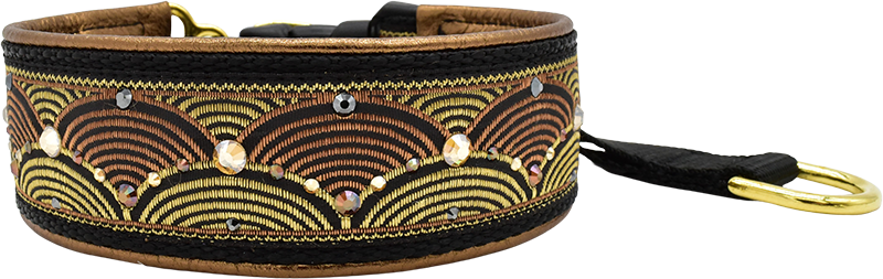 Zen Garden black, copper, and gold arc wave motif European-crystal hidden prong collar by Fuzzywumpets.