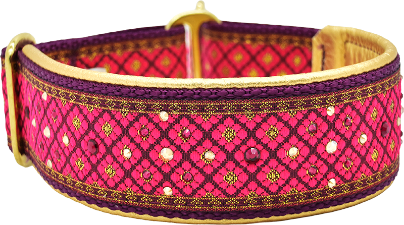 1.5" Pomegranate Valhalla Luxe Limited Slip Collar for dogs, Metallic Gold leather lining, handmade in the USA by Fuzzywumpets.