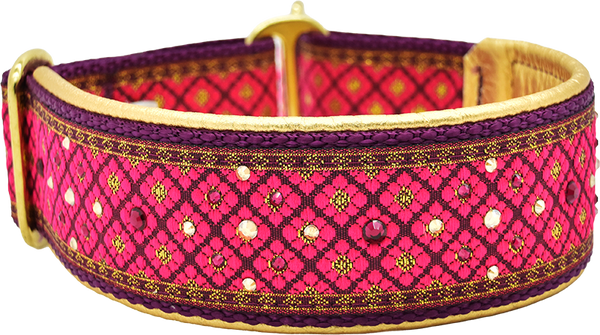 1.5" Pomegranate Valhalla Luxe Limited Slip Collar for dogs, Metallic Gold leather lining, handmade in the USA by Fuzzywumpets.