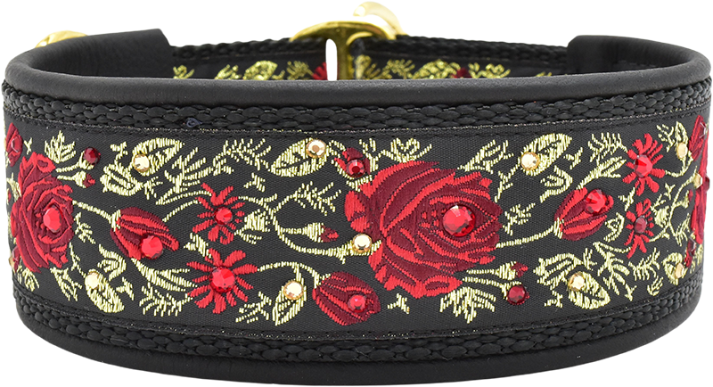 Belle's Temptation black and gold red rose floral European-crystal limited slip dog collar by Fuzzywumpets.