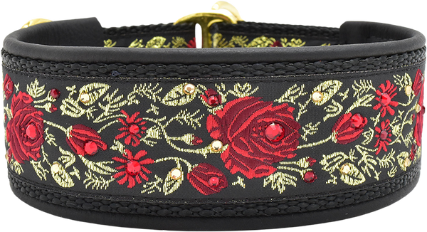 Belle's Temptation black and gold red rose floral European-crystal limited slip dog collar by Fuzzywumpets.