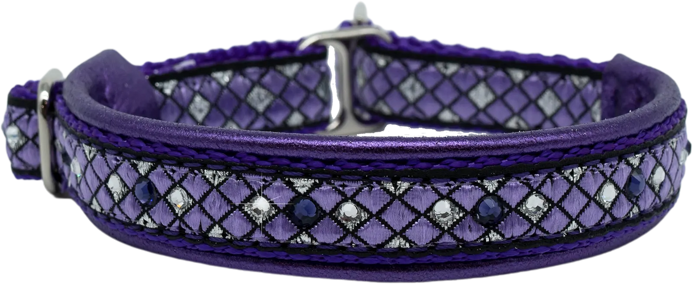 Purple Parquet purple and silver diamond-grid European-crystal limited slip dog collar with clear crystals on purple leather.