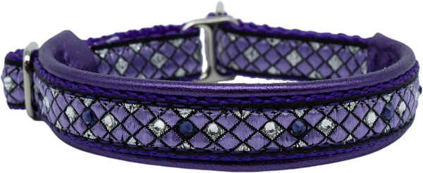 Purple Parquet purple and silver diamond-grid European-crystal limited slip dog collar with clear crystals on purple leather.