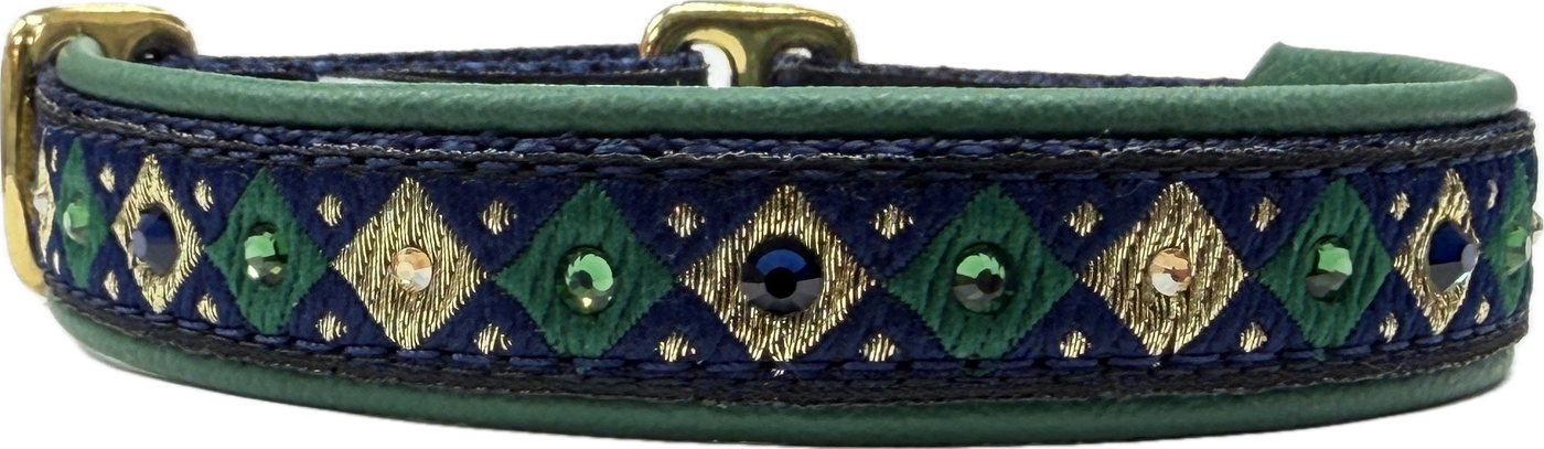 Sir William navy and green diamond pattern with gold European-crystal limited slip dog collar by Fuzzywumpets.