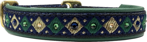Sir William navy and green diamond pattern with gold European-crystal limited slip dog collar by Fuzzywumpets.