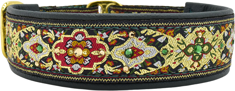 Forest Verona black and gold red tapestry European-crystal limited slip dog collar by Fuzzywumpets.