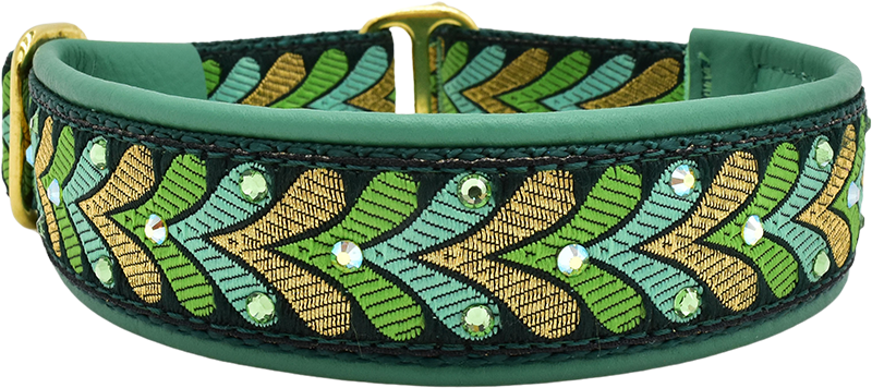 Seafoam Honoré seafoam, green, and gold leaf motif European-crystal limited slip dog collar by Fuzzywumpets.
