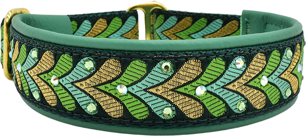 Seafoam Honoré seafoam, green, and gold leaf motif European-crystal limited slip dog collar by Fuzzywumpets.