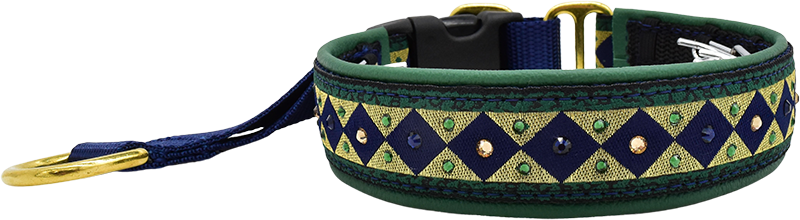 Court Jester green, navy and gold diamond harlequin European-crystal hidden prong collar by Fuzzywumpets.