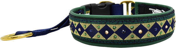 Court Jester green, navy and gold diamond harlequin European-crystal hidden prong collar by Fuzzywumpets.