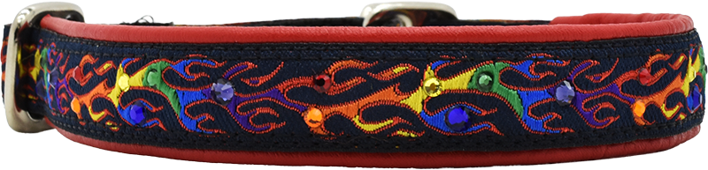 Hot to Trot black and multicolor flame European-crystal limited slip dog collar by Fuzzywumpets.
