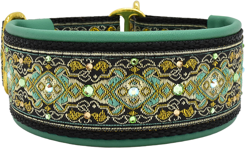 Seafoam Andersen teal and gold ornate wave braid European-crystal limited slip dog collar by Fuzzywumpets.