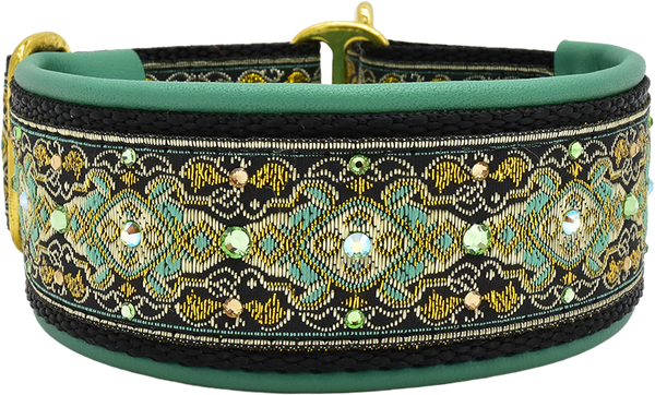 Seafoam Andersen teal and gold ornate wave braid European-crystal limited slip dog collar by Fuzzywumpets.