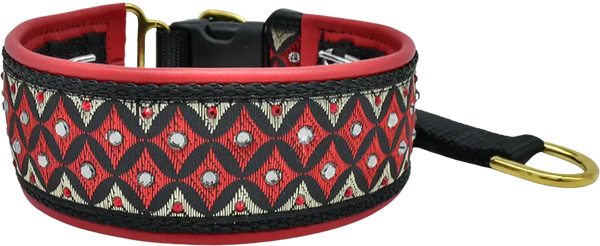 Red Guard red, black and cream diamond-weave European-crystal hidden prong collar by Fuzzywumpets.