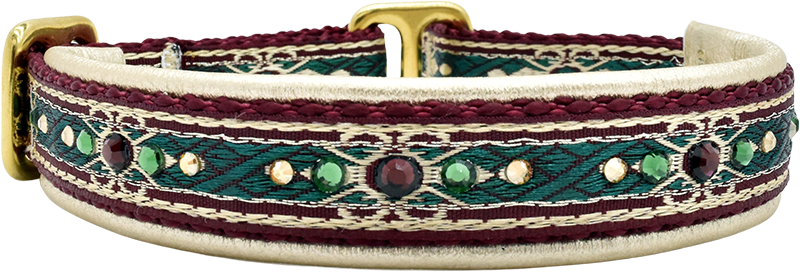 Magnus burgundy cream and teal diamond European-crystal limited slip dog collar by Fuzzywumpets.