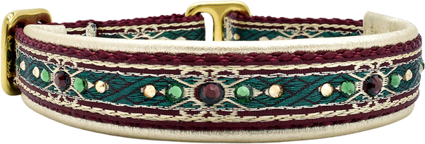 Magnus burgundy cream and teal diamond European-crystal limited slip dog collar by Fuzzywumpets.